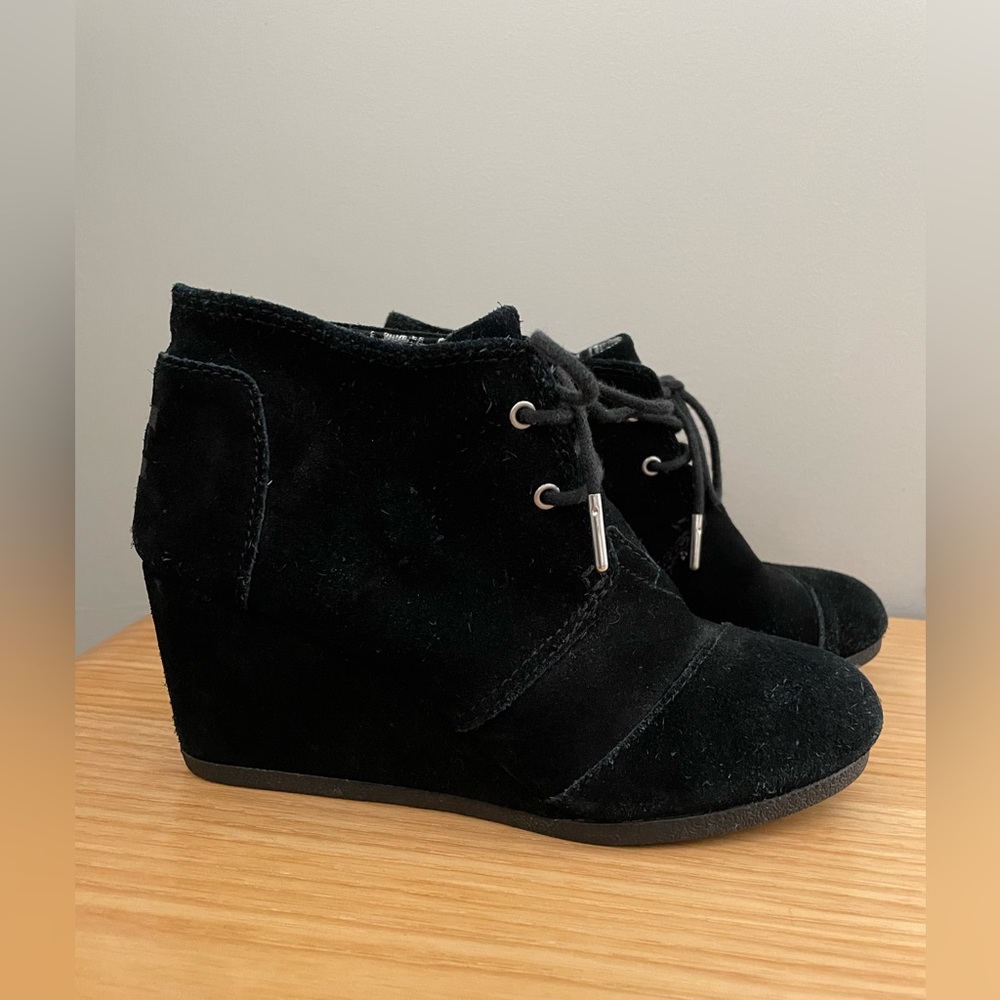 TOMS black suede wedge bootie. Size 6.5. Good used condition